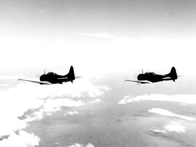Douglas SBD-2 Dauntless from VS-6 in flight over the Pacific, circa in late 1941 (80-G-12435-A)