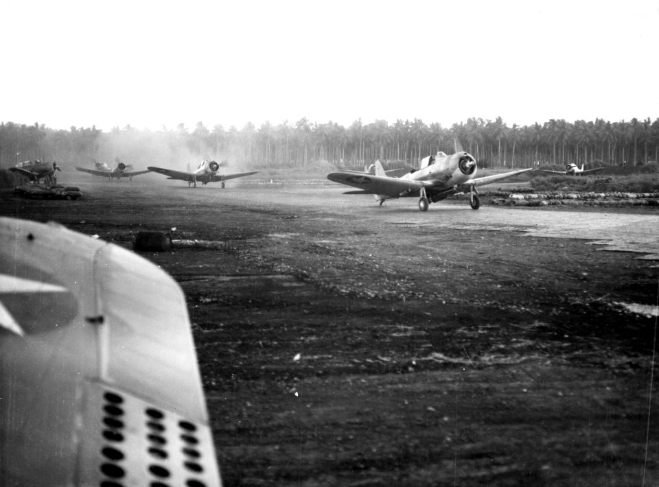 Douglas SBD-4 Dauntless of VMSB-233 take off from Henderson Field on Guadalcanal, in 1943 (74237046)