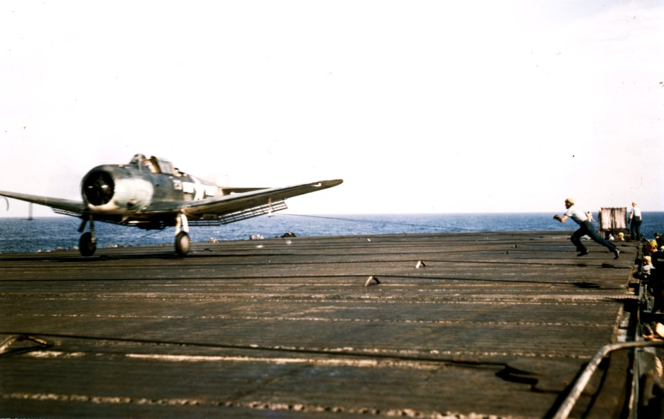 Douglas SBD-5 Dauntless of VB-16 lands aboard USS Lexington (CV-16), circa in November 1943 (80-G-K-15295)