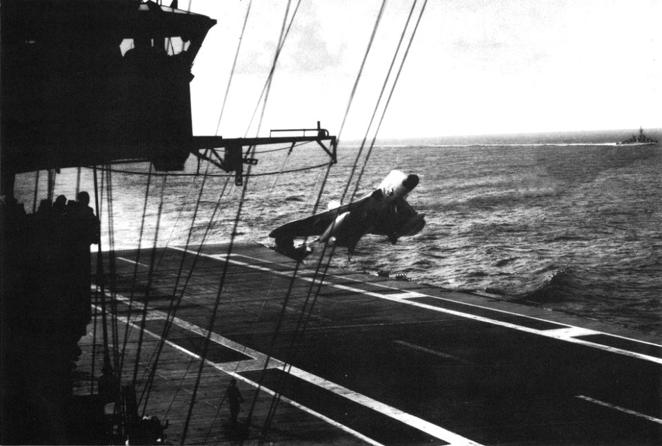 Douglas F4D-1 Skyray over USS Randolph (CVS-15) in 1959