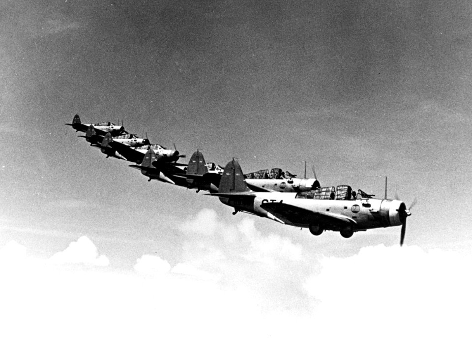 Douglas TBD-1 Devastators of VT-6 fly in formation, circa 1939 (NH 77106)
