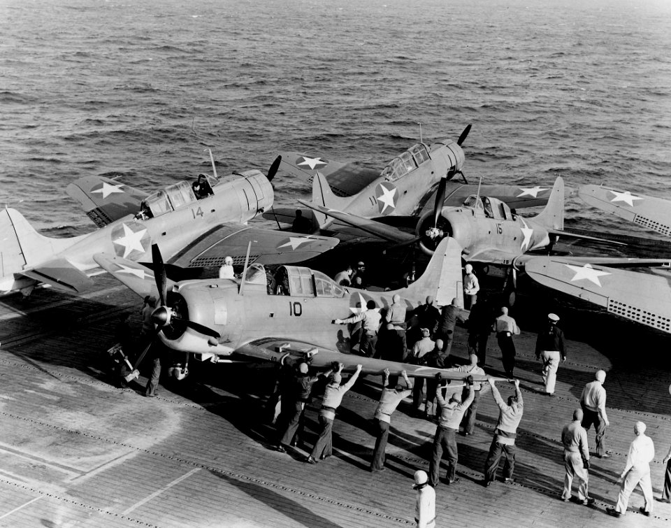 Douglas SBD-3s of VGS-29 on USS Santee (ACV-29), 27 December 1942 (NNAM.1996.253.705)