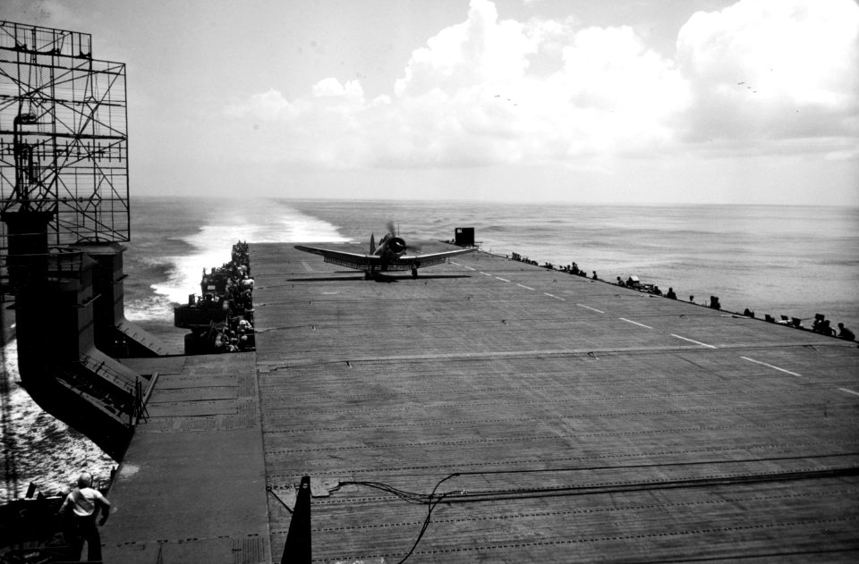 Douglas SBD Dauntless landing aboard USS Cowpens (CVL-25), circa in mid-1943 (80-G-K-1075)