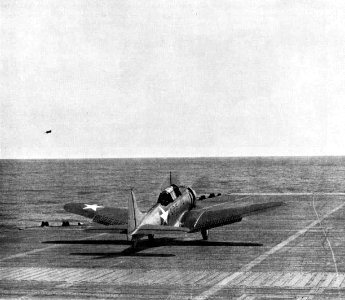 Douglas SBD Dauntless of VB-41 taking off from USS Ranger (CV-4), in 1943