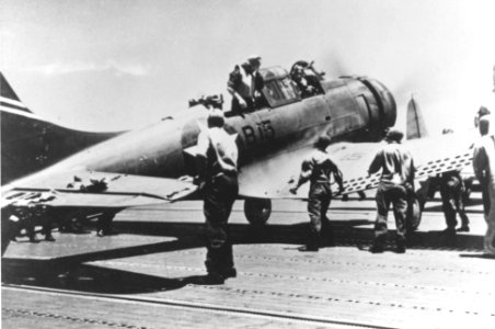 Douglas SBD-3 Dauntless of VB-6 after landing aboard USS Yorktown (CV-5), 4 June 1942 (NH 100740)