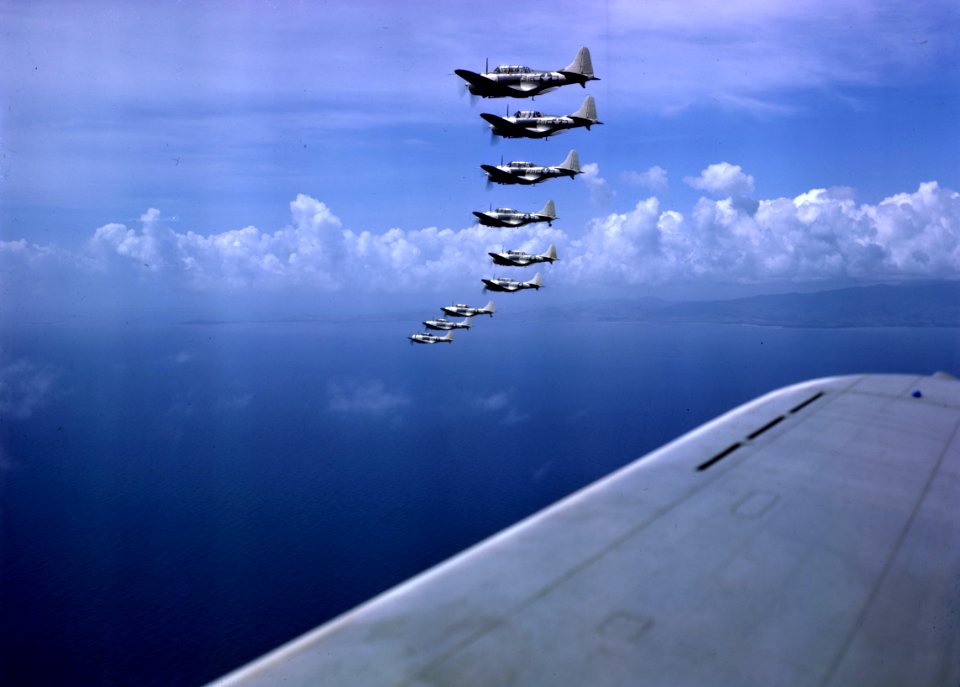 Douglas SBD-5 Dauntless of VMS-3 in flight over the Caribbean, circa in 1943 (80-G-K-14312)