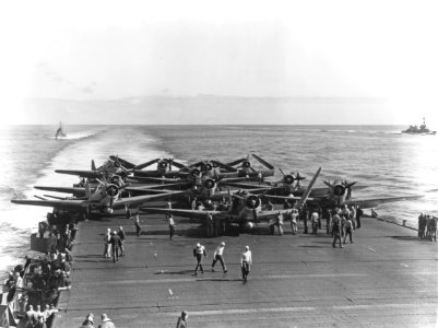 Douglas TBD-1 Devastators of VT-6 are spotted for launch aboard USS Enterprise (CV-6) on 4 June 1942 (80-G-41686)