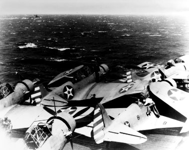 Douglas TBD-1 Devastators of VT-6 aboard USS Enterprise (CV-6), 11 April 1942 (NH 85536)