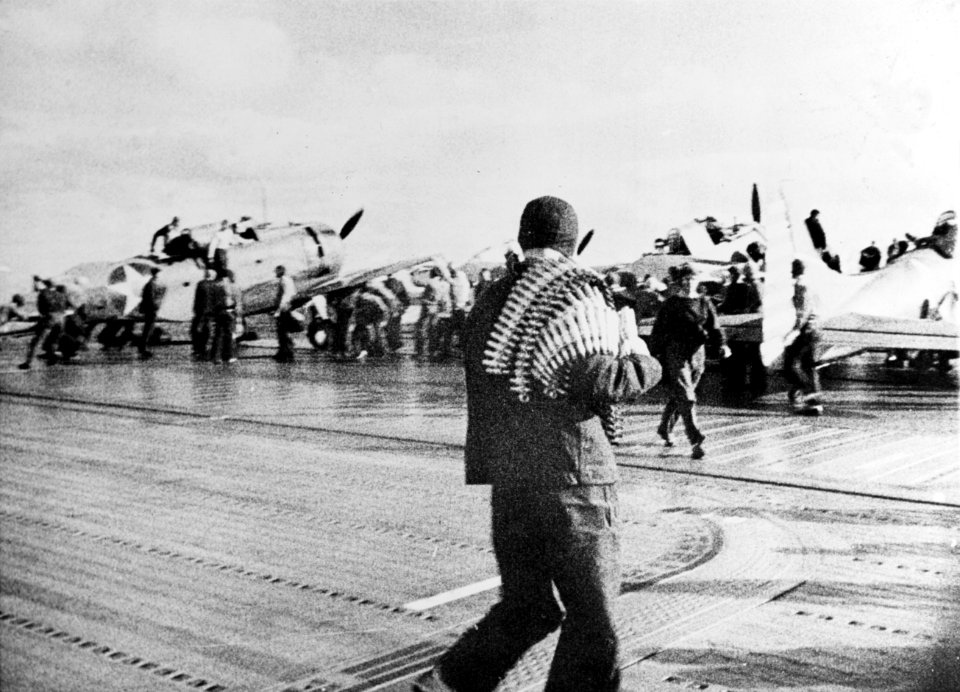 Douglas SBD-3 Dauntless on USS Enterprise (CV-6) flight deck, 1 February 1942 (NH 50941)