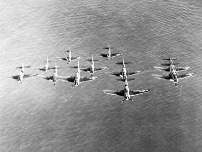 Douglas SBD-5 Dauntless of VB-10 in flight in March 1944