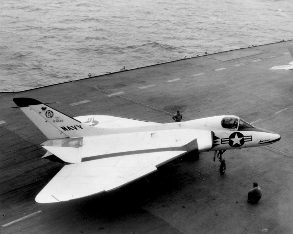 Douglas XF4D-1 Skyray prototype aboard USS Coral Sea (CVA-43), in October 1953