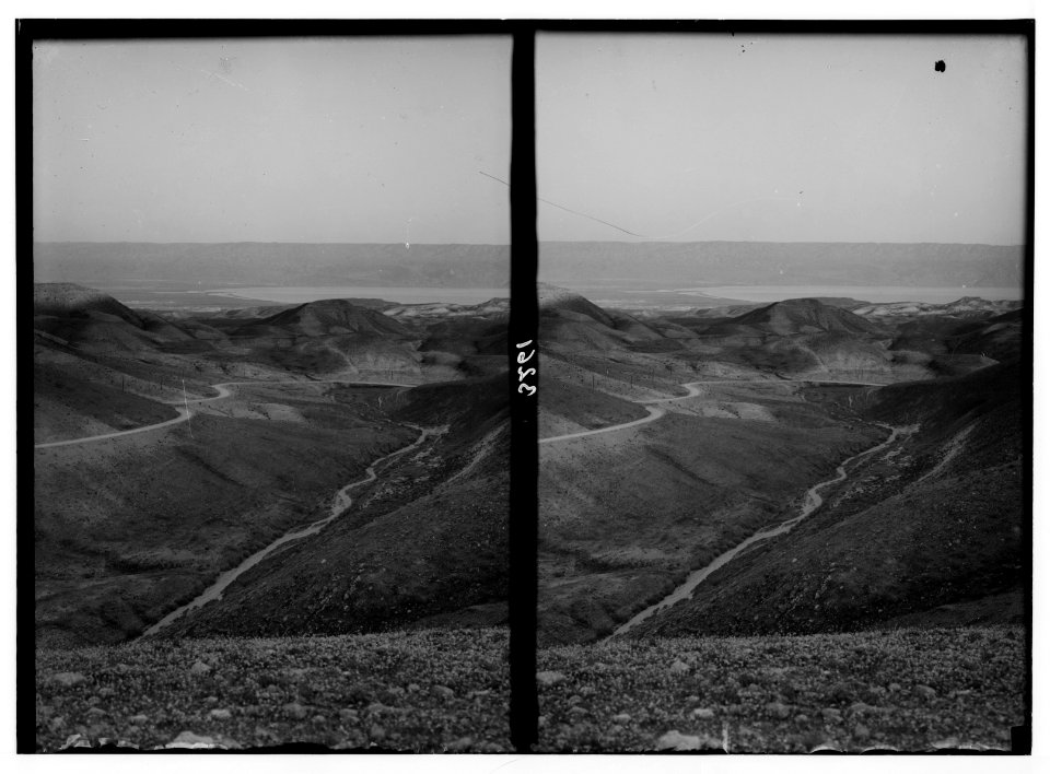 Down the Jordan Valley from the Sea of Galilee to the Dead Sea. Wadi K'taif, Jericho Road near Neby Mousa (i.e., Nebi Musa) showing Dead Sea and Transjordan LOC matpc.02714