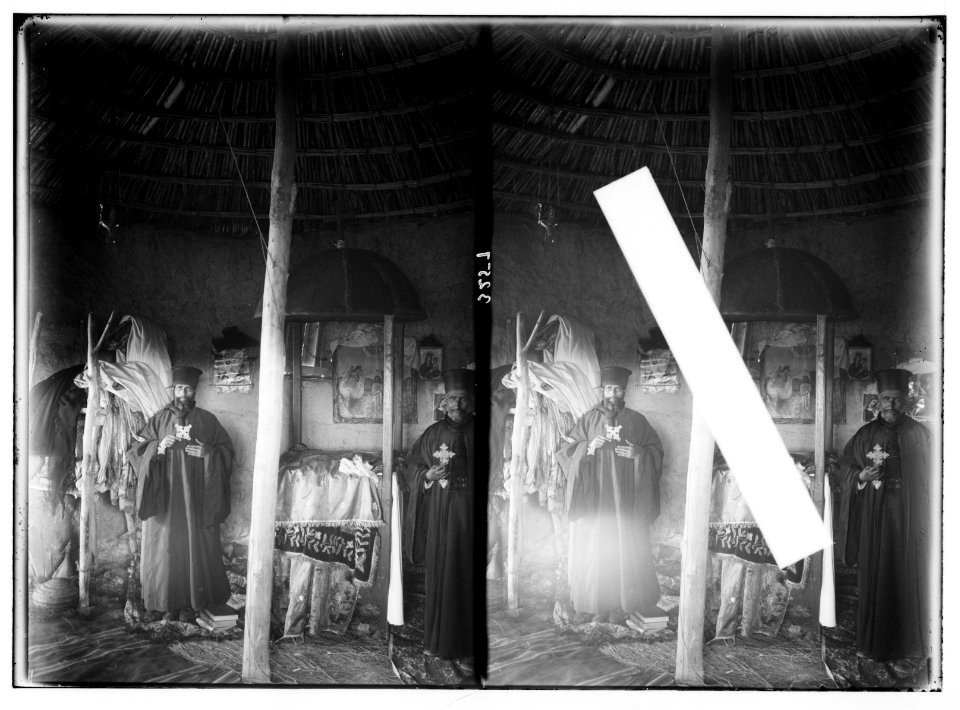 Down the Jordan Valley from the Sea of Galilee to the Dead Sea. In the reed church, Abyssinian priests officiating LOC matpc.02713