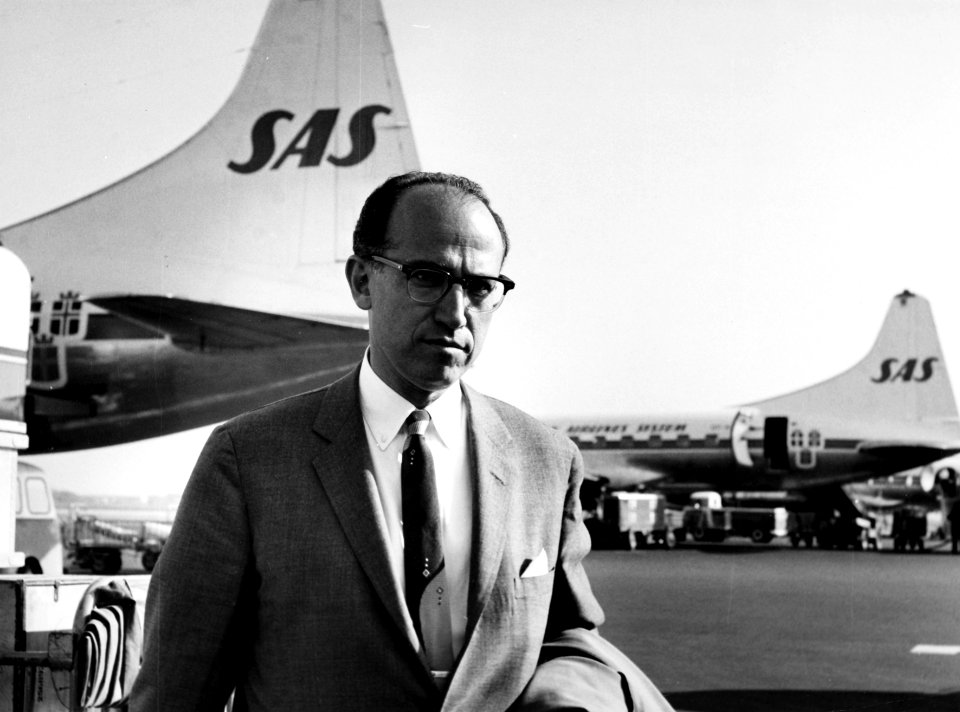 Dr Jonas Edward Salk, creator of Salk polio vaccine, at Copenhagen Airport