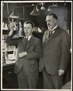 Dr. Alexander Gettler, toxicologist and forensic chemist, and Dr. Charles Norris, New York City's first chief medical examiner, in a laboratory LCCN2013650165 photo
