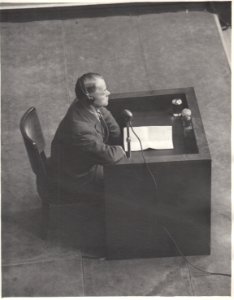 Dr. Bernhardt Schmidt on the witness stand during the Doctors' Trial photo