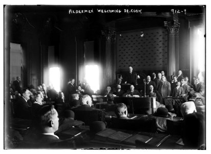 Dr. Cook welcomed by aldermen in reception room, New York LCCN2014684330