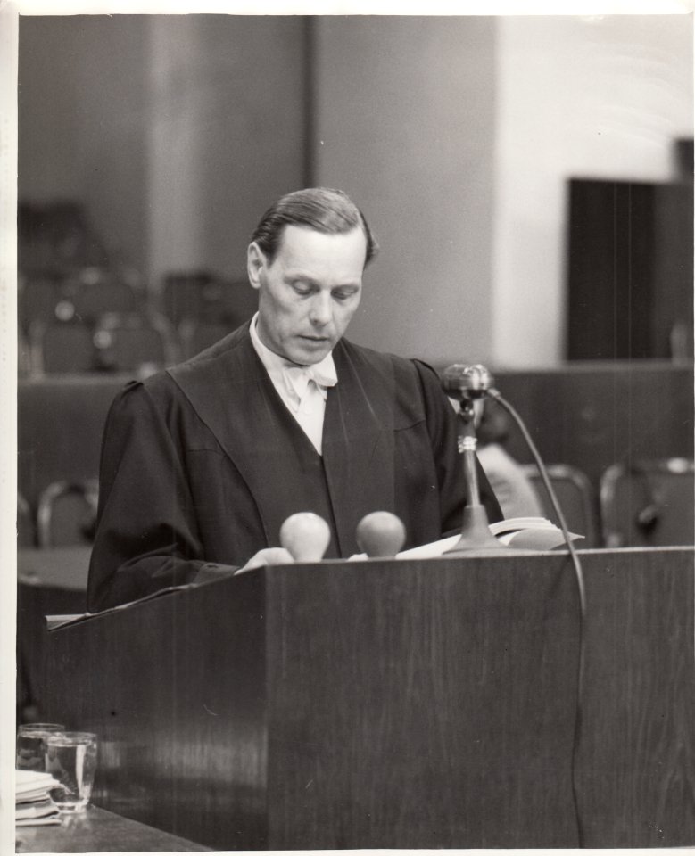 Dr. Heinz Fritz, Defense Counsel for Dr. Gerhard Rose, Opens the Defense of His Client in a Nurnberg War Crimes Courtroom