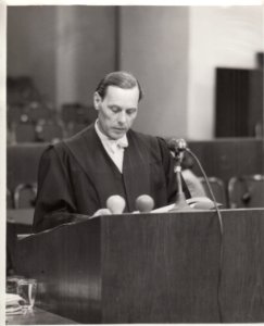 Dr. Heinz Fritz, Defense Counsel for Dr. Gerhard Rose, Opens the Defense of His Client in a Nurnberg War Crimes Courtroom