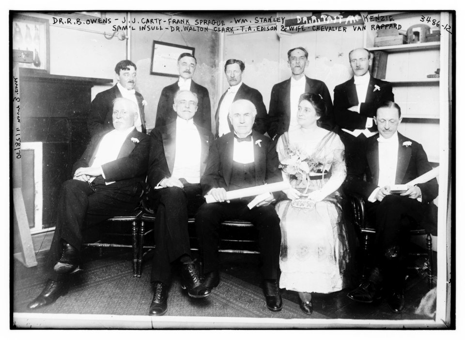 Dr. R.B. Owens, J.J. Carty, Frank Sprague, Wm. Stanley, Sam'l Insull, Dr. Walton Clark, T.A. Edison and wife, Chevalier Van Rappard, Dr. R. Tait McKenzie LCCN2014699091
