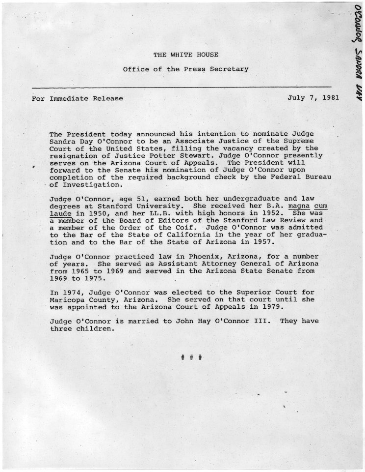Draft Press Release re Nomination of Sandra Day O'Connor to the Supreme Court - NARA - 198423