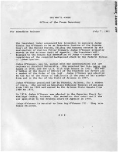 Draft Press Release re Nomination of Sandra Day O'Connor to the Supreme Court - NARA - 198423