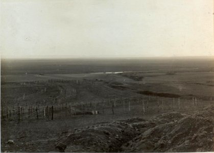 Drahthindernis vor der 3.Kompanie des Infanterieregimentes 84, hinten die kleinen Schlitze der k.u.k. Schützengräben (BildID 15442496)