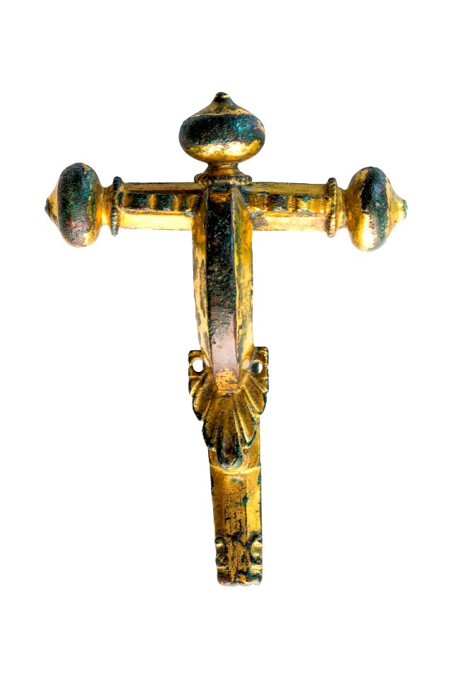 Drieknoppenfibula in verguld brons, 300 tot 365 NC, vindplaats- Koninksem, Aan Paspoel, zuidwestgrafveld, 1974, graf 99-, collectie Gallo-Romeins Museum Tongeren, 74.A.35, 005