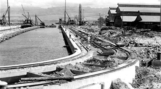 Dry Dock Number 1 at the U.S. Naval Station Pearl Harbor under construction on 27 February 1919 (NH 118089)