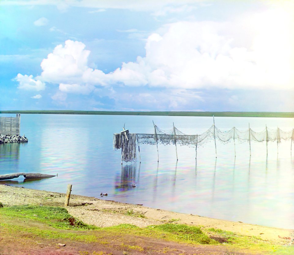 Drying nets on Lake Seliger (by Sergei Prokudin-Gorskii, 1910)