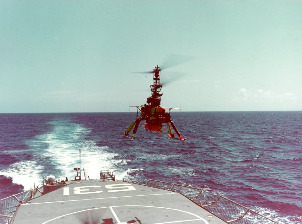 DSN-1 DASH in flight over flight deck of USS Hazelwood (DD-531) on 22 March 1961