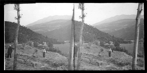 Dues persones , una batent l'herba , al prat del Castell de Tordera i algunes cases