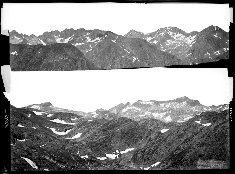 Dues imatges panoràmiques a dalt pics de Bernate i Saliberri i a baix pics de Lladorre