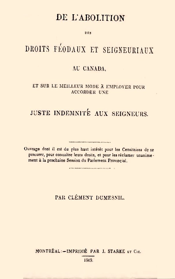 Dumesnil - De l'abolition des droits féodaux et seigneuriaux au Canada, 1849 (page 1 crop)