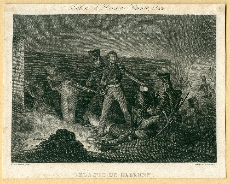 Durand fils et Bovinet sc., Horace Vernet, pinx.t - Redoute de Kabrunn. Salon d'Horace Vernet 1822. Gravure sur cuivre