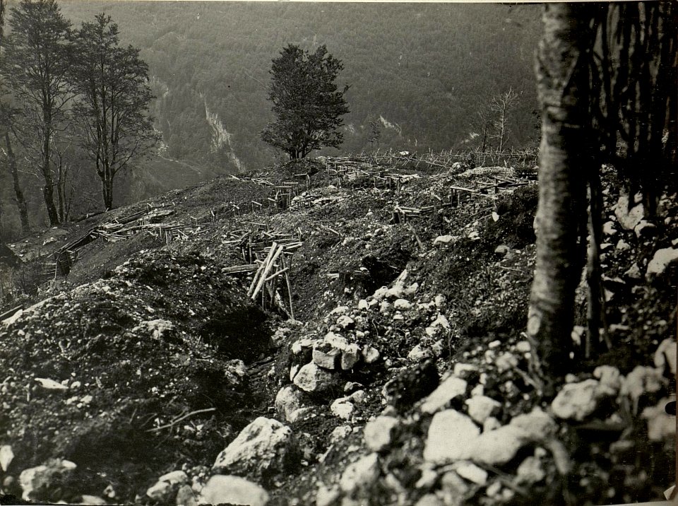 Durch feindliche Artillerie zerstörte eigene Stellungen auf Kote 1317. Aufgenommen am 27. Juli 1916. (BildID 15478724)