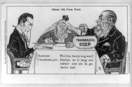 Dutch cartoon showing Paul Kruger offering a perspiring Joseph Chamberlain some Transvaal soup LCCN2007678845