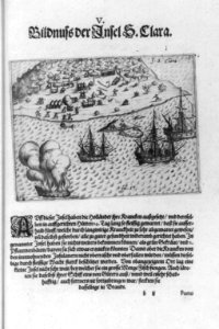 Dutch ships anchored off Santa Clara, in Juan Fernandez Islands, Chile. ca. 1600 LCCN2003655479