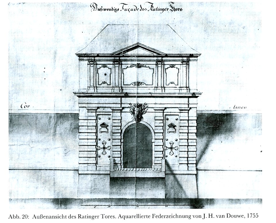 Düsseldorf, Außenansicht des Ratinger Tores. Aquarellierte Federzeichnung von J.H. van Douwe, 1755