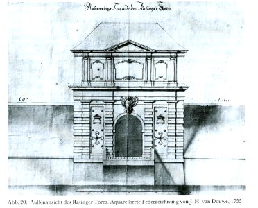 Düsseldorf, Außenansicht des Ratinger Tores. Aquarellierte Federzeichnung von J.H. van Douwe, 1755