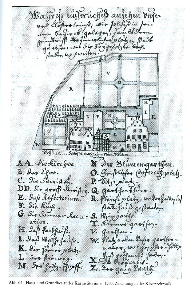 Düsseldorf, Haus- und Grundbesitz der Karmeliterinnen 1703, Zeichnung in der Klosterchronik