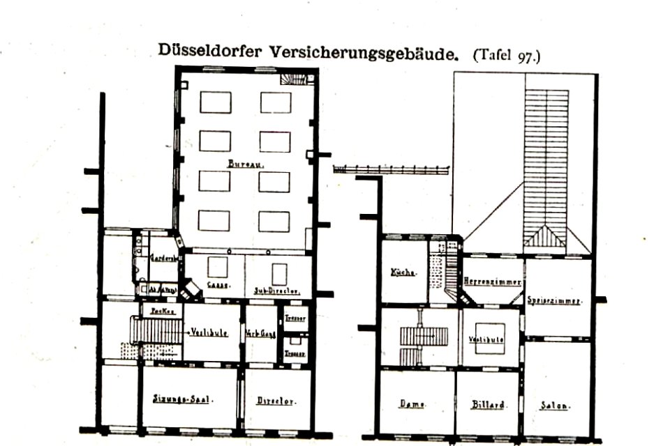 Düsseldorfer Allgemeine Versicherungsgesellschaft für See-, Fluss- und Landtransport, Breitestrasse 8, Düsseldorf, Architekten Jakobs & Wehling, Düsseldorf, Tafel 97, Kick Jahrgang II, Grundriss