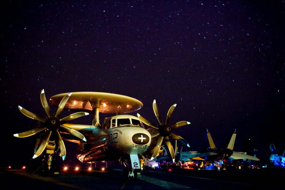 E-2C Hawkeye sits on the flight deck of USS Enterprise 121008-N-JL826-020