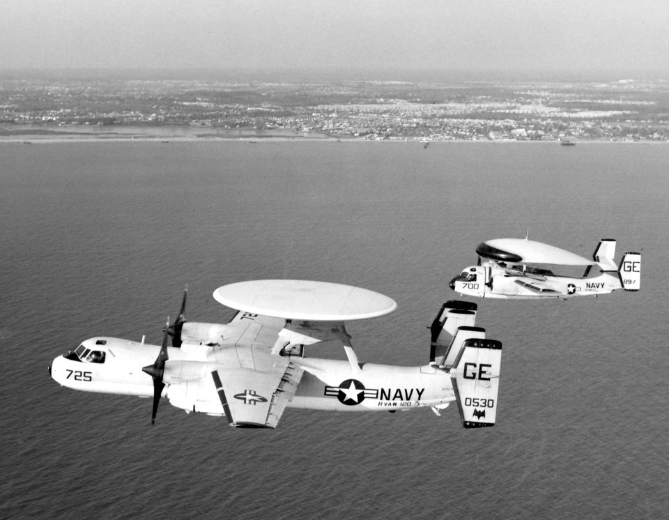 E-2A and E-1B from RVAW-120 in flight near Norfolk c1970