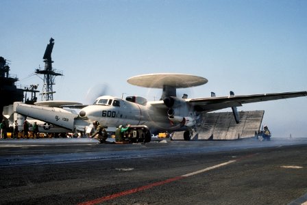 E-2C VAW-123 on cat USS America (CV-66) 1986