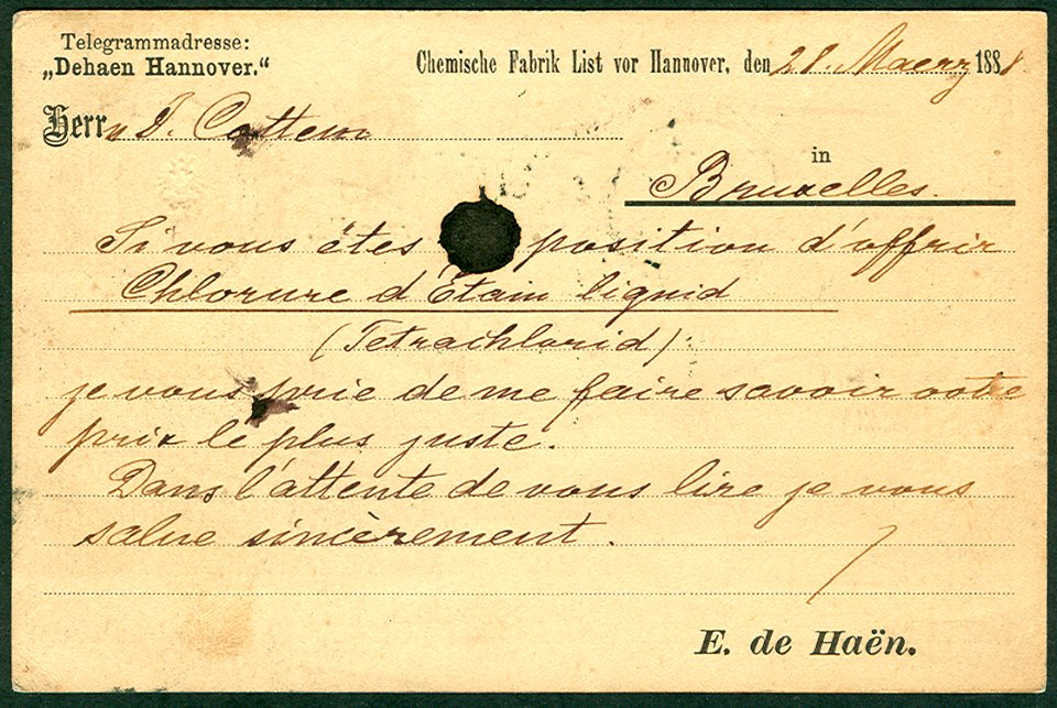 E. Eugen de Haen Chemische Fabrik List vor Hannover Postkarten-Vordruck Klaucke-Stempel 1888-03-28 Bildseite
