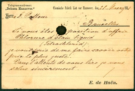 E. Eugen de Haen Chemische Fabrik List vor Hannover Postkarten-Vordruck Klaucke-Stempel 1888-03-28 Bildseite