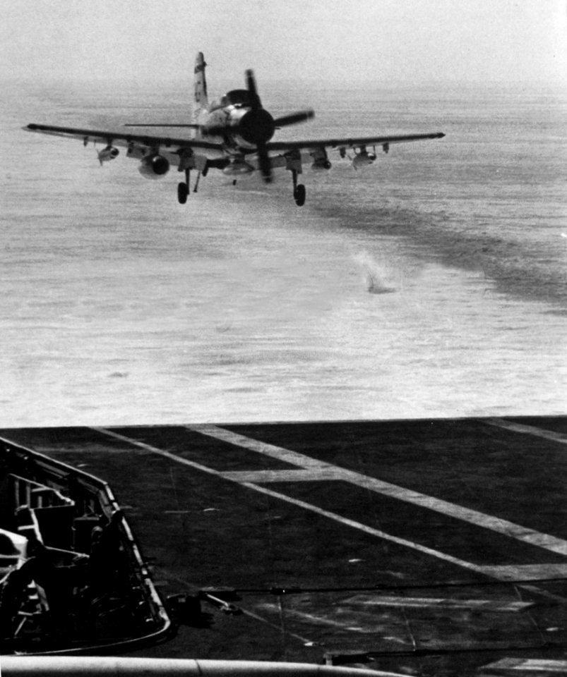 EA-1F of VAQ-33 approaches USS Independence (CVA-62) c1968