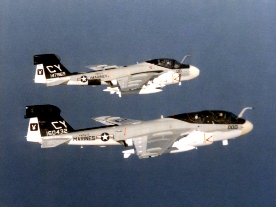 EA-6A and EA-6B of VMAQ-2 in flight c1977