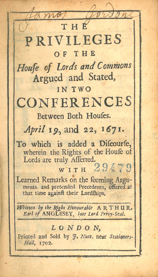 Earl of Anglesey, Privileges of the House of Lords and Commons (1702, title page)